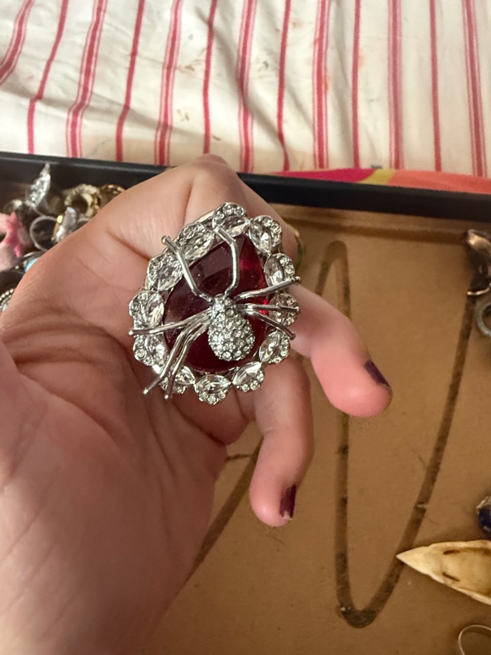 Silver Spider Cocktail Ring with Deep Red Stone